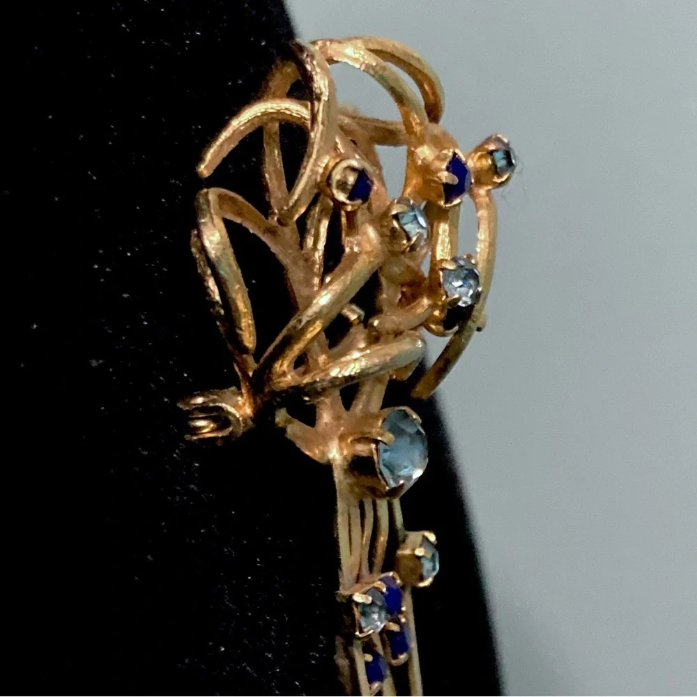 Vintage Made in Austria Blue Rhinestone Gold-tone Swirl Dangle Fringe Design 4